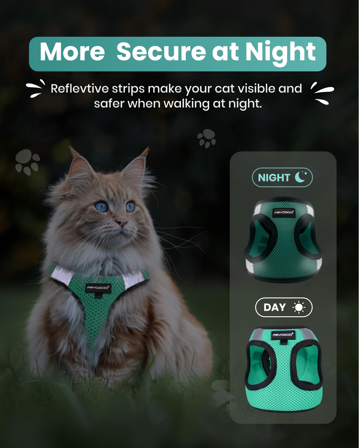 FAYOGOO Cat Harness and Leash Set, Escape Proof Adjustable Vest, Medium, Green, Lightweight Mesh for Small & Large Cats