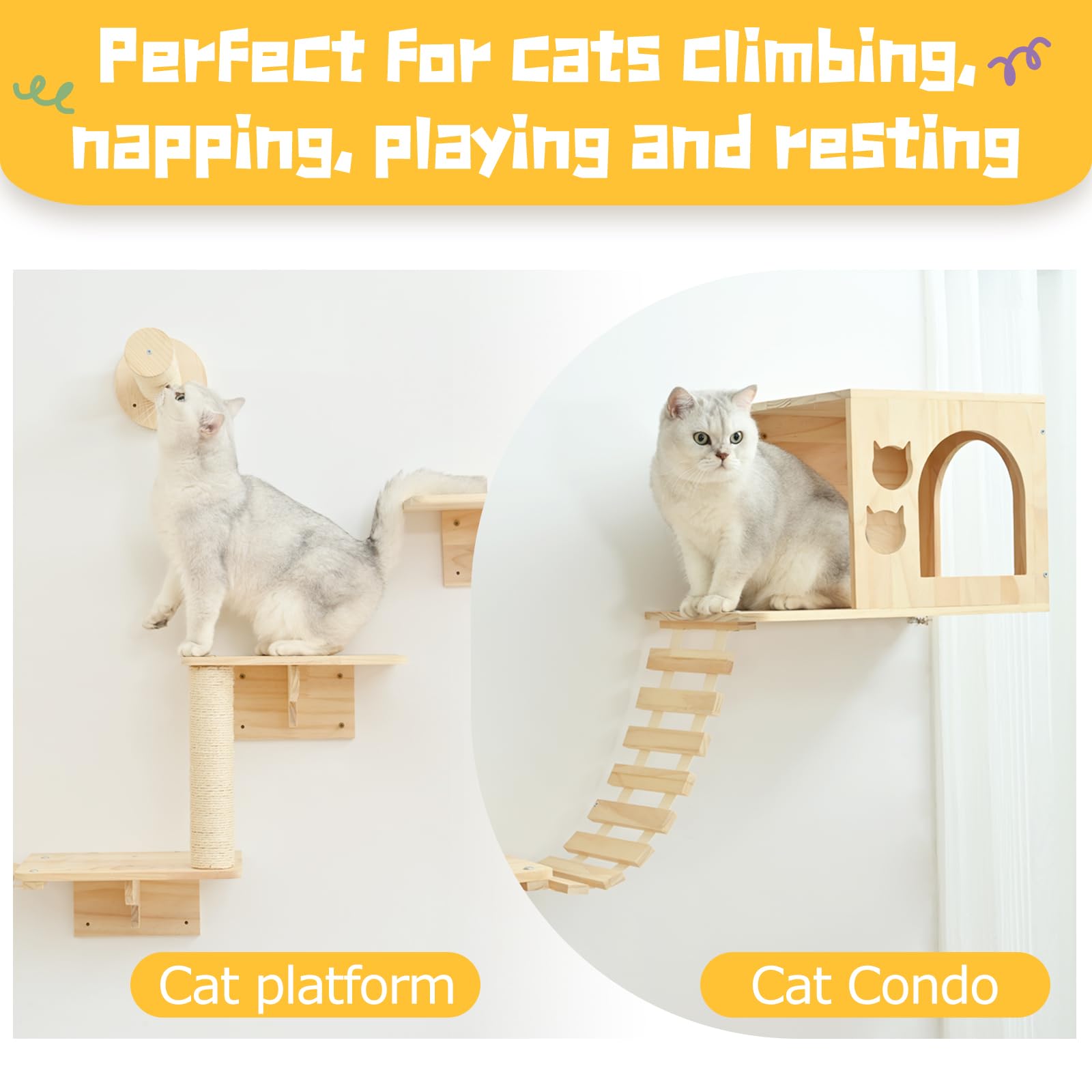 Cat Wall Shelves 9Pc, Wall Mounted Cat Climbing Shelves, Wooden Cat Furniture With 2 Condo Houses, 3 Perches, 2 Bridge Ladders A