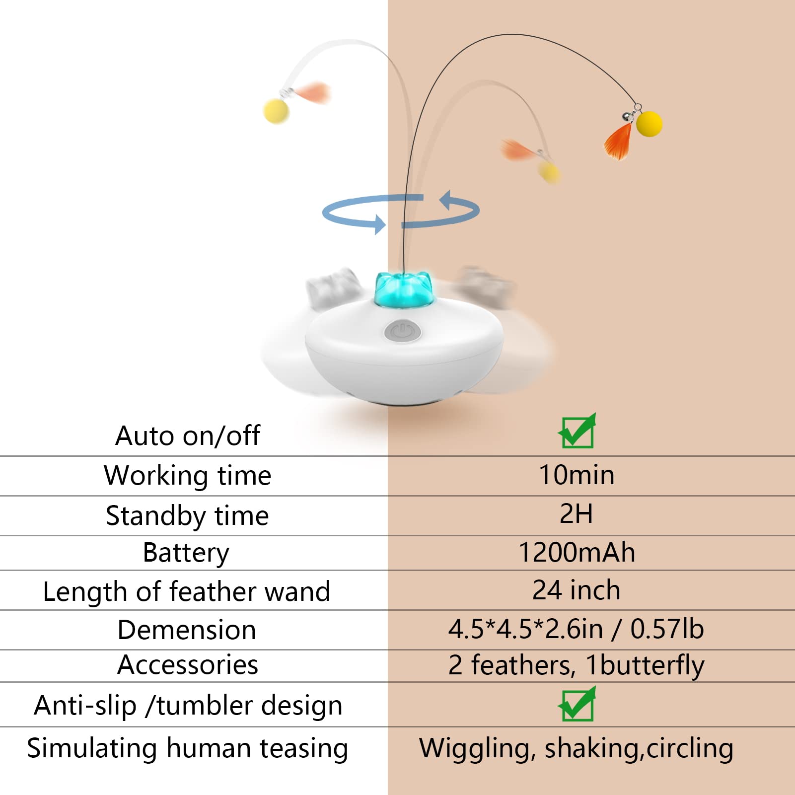 Oxawo Interactive Cat Toys Cat Exercise Tumbler, Rechargeable Cat Toys For Indoor Cats Spin Butterfly Game Teasing Kitty, Extra Long Feather Wand (P33 Cat Toys)