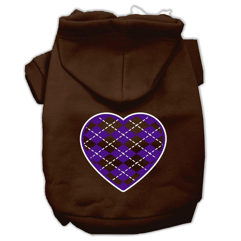 Pet Dog & Cat Hoodie Screen Printed, 'Purple Argyle Heart' Brown Sm (3-6 Lbs.)