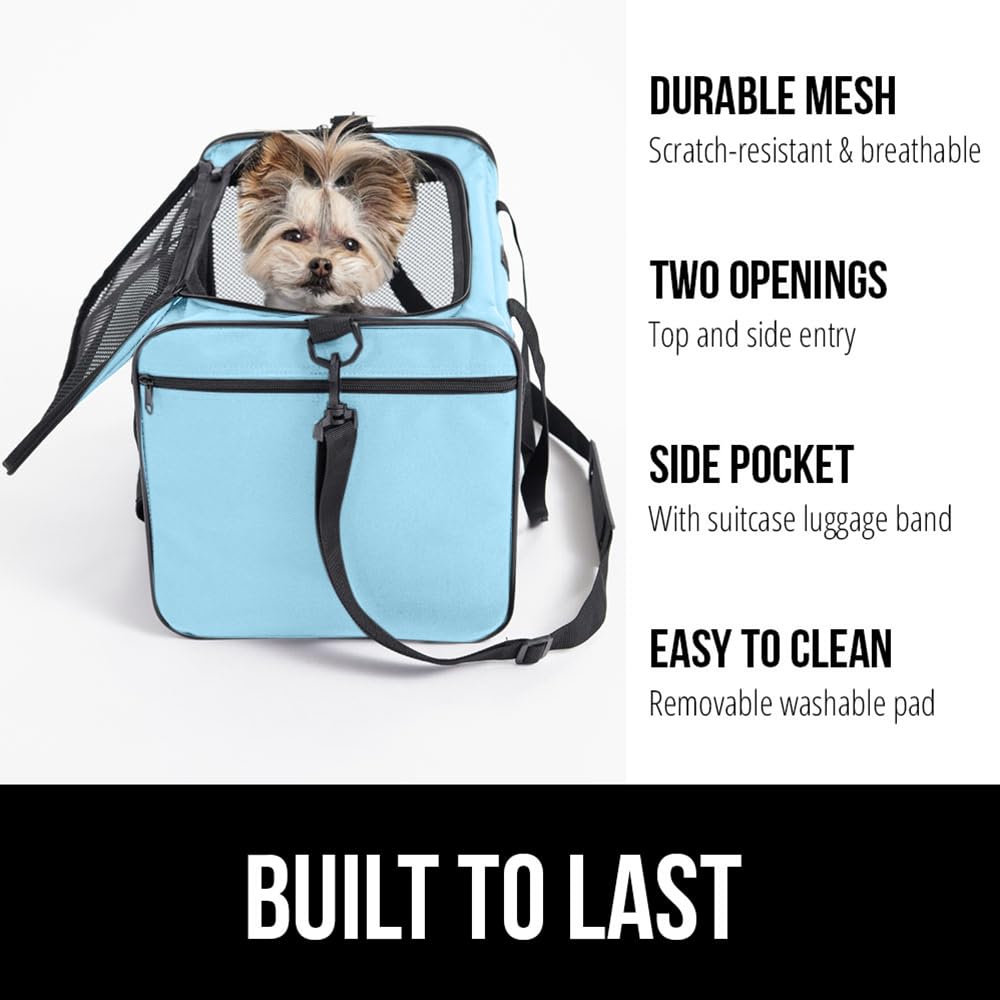Gorilla Grip Airline Travel Cat Carrier Bag Up To 15 Lbs, Breathable Mesh Collapsible Pet Carriers For Small, Medium Cats, Small Dogs, Puppies, Portable Kennel With Soft Washable Waterproof Pad, Blue