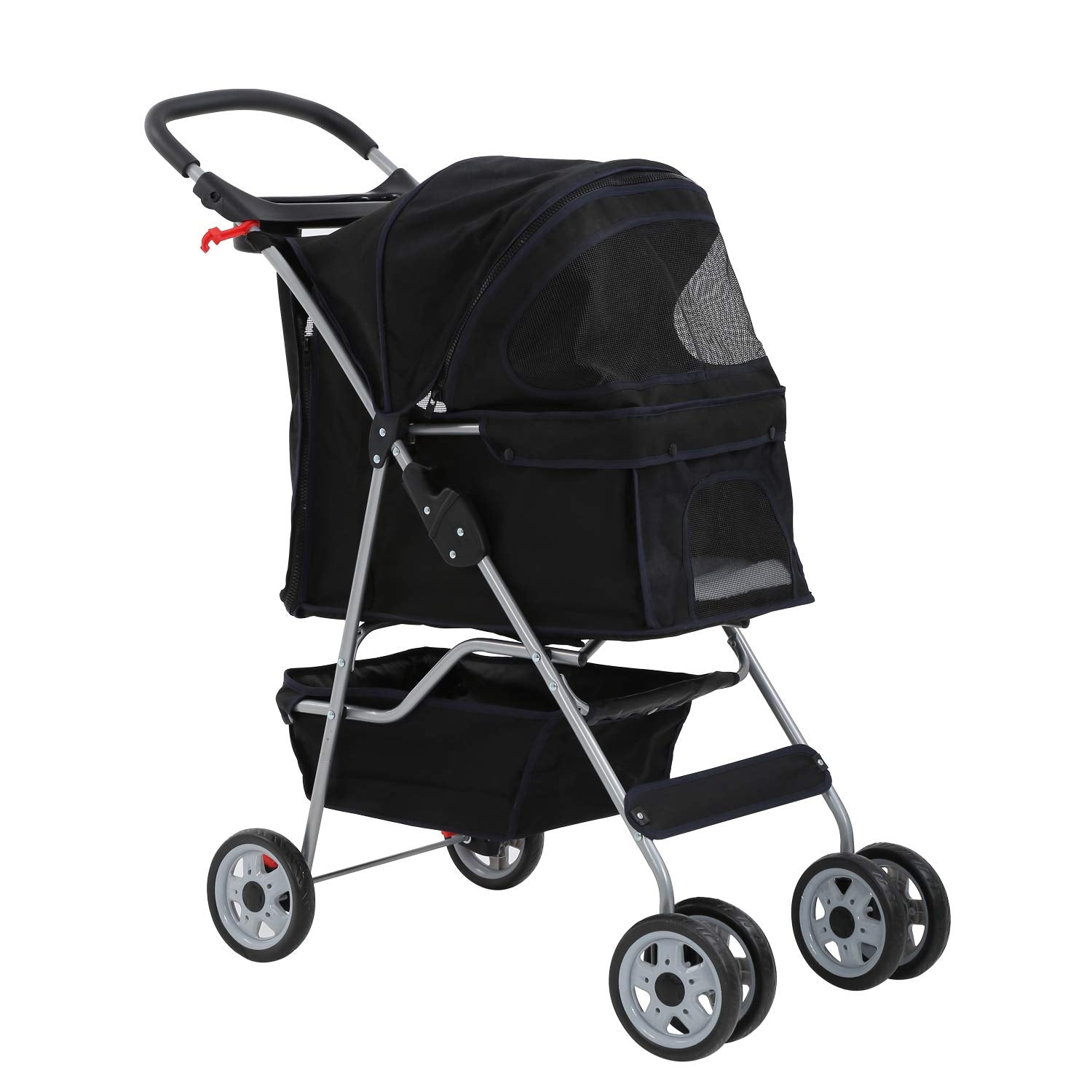 Hcy Dog & Cat Stroller - 4 Wheel Folding Carrier With Cup Holder & Storage Basket For Small & Medium Dogs - Black