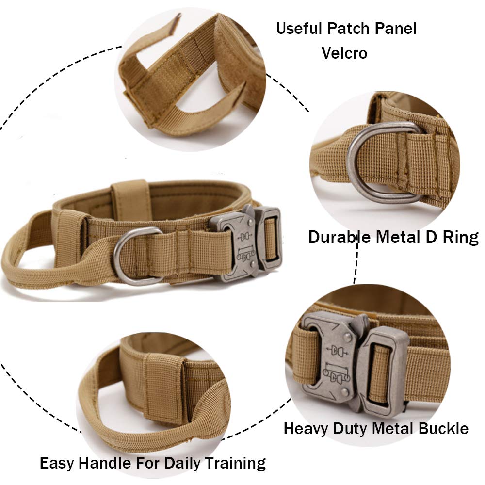 Tactical Dog Collar Military Dog Collar Adjustable Nylon Dog Collar Heavy Duty Metal Buckle With Handle For Dog Training (Brown,S)
