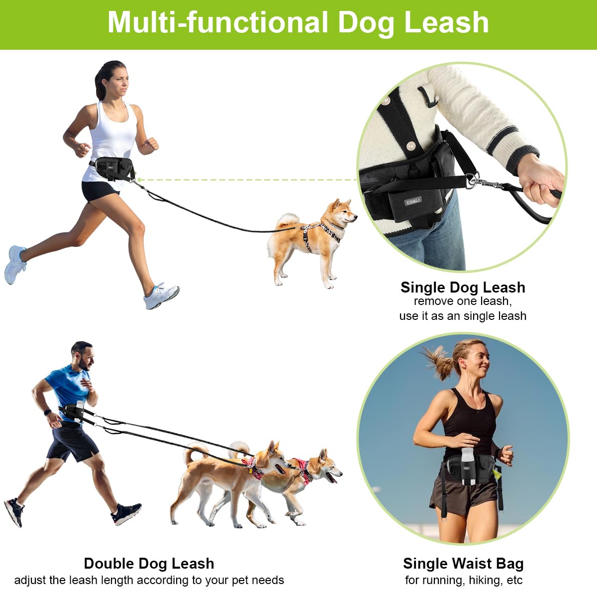 Etaccu Hands Free Dog Leash For 2 Dogs With Dual Heavy-Duty Traffic Handle, Retractable Dog Walking Belt, Adjustable Dog Running Waist Belt With Pouch, Reflective Stitches Leash For Jogging Black