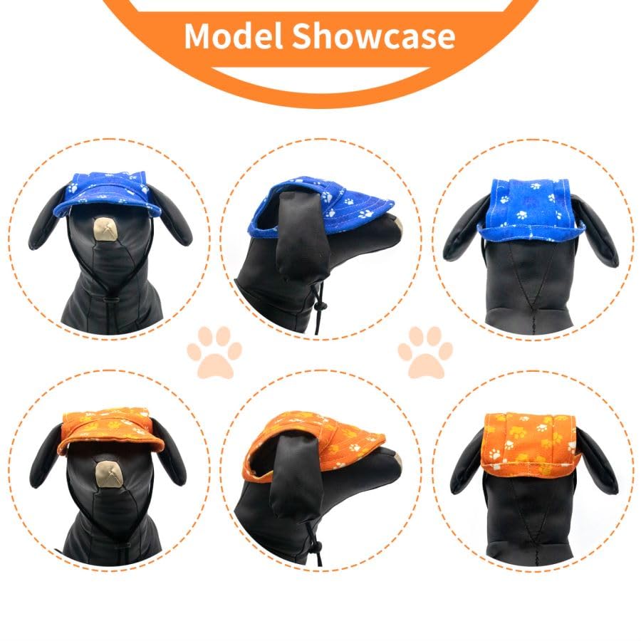 Pet Show Dog Paw Print Peaked Cap - Dog, Cat & Rabbit Sun Hat With Ear Holes - Adjustable Drawstring - Orange/Xxs