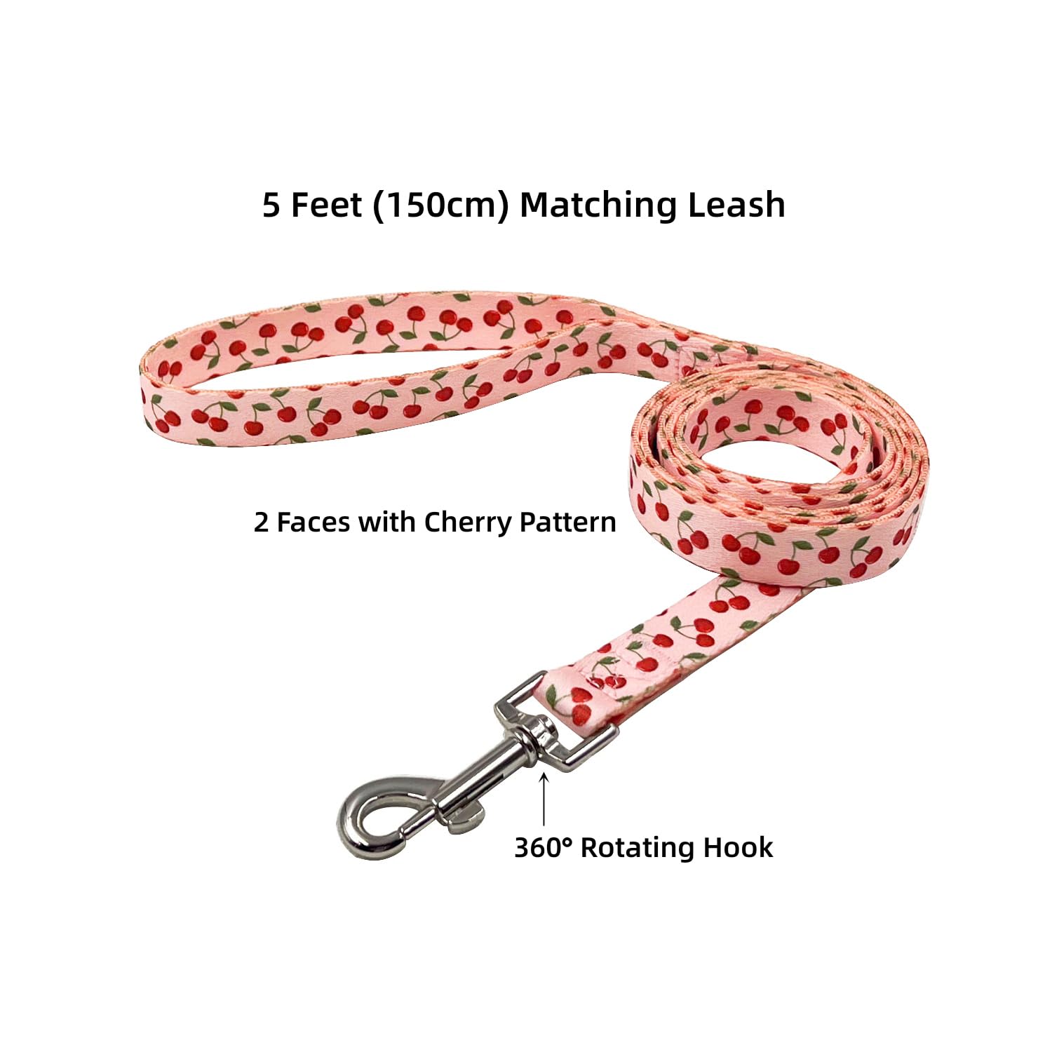 Olahibi Dog Collar And Leash Set, Cherry Pattern, Polyester Material, 5Ft Leash, For Puppy Dogs.(Extra Small,Pink Cherry)