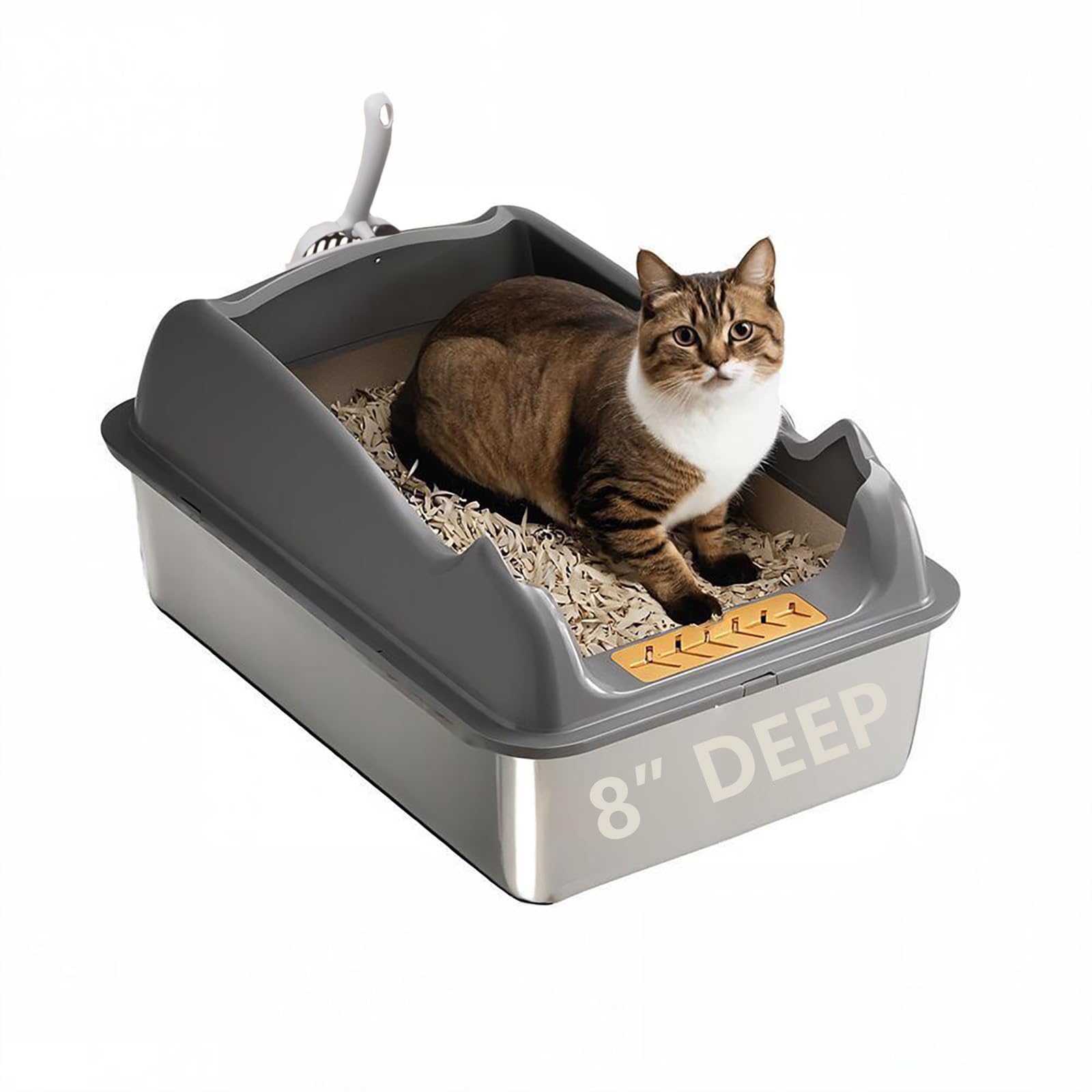 8'' Deep Stainless Steel Litter Box With Lid, Xl Litter Boxes For Big Cats, Metal High Sided Litter Box, Anti-Stick And Anti-Lea