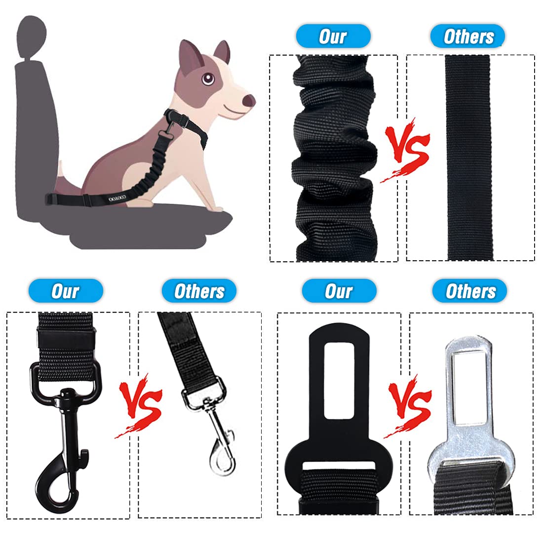 Cooyoo 3 Piece Set Retractable Dog Car Adjustable Pet Seat Belt For Vehicle Nylon Pet Safety Seat Belts Heavy Duty & Elastic & D