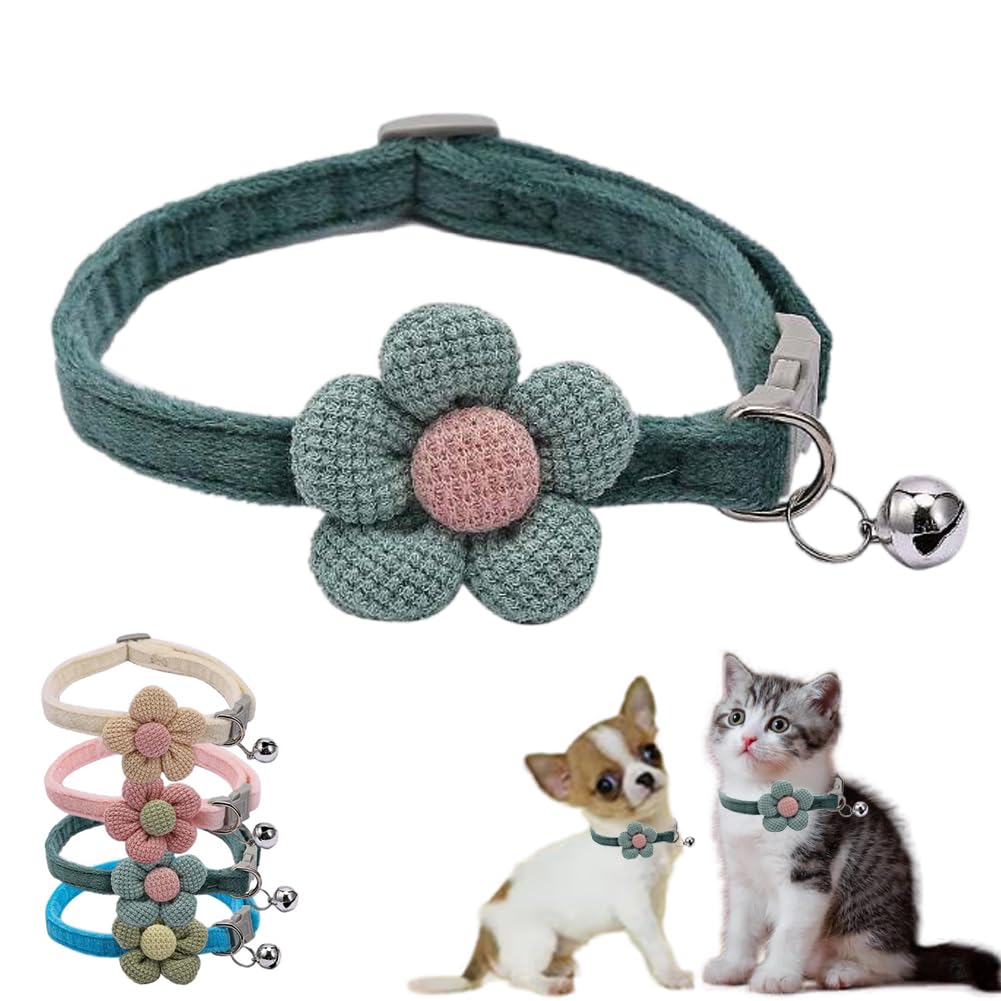 Small Dog Collar With Bell,Green Flower Cat Collar With Bells Suede Girl Cute Fancy Boys Puppy Collar With Bells For Xxs Xs Tiny
