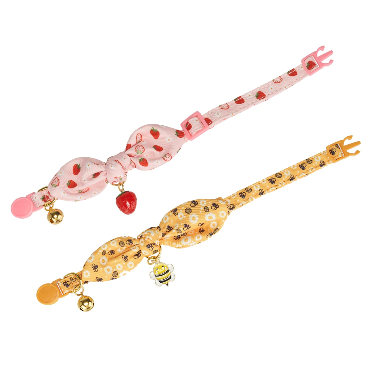 Yudote Bowtie Cat Collar With Bell 2 Pack Stylish Breakaway Kitten Collars With Removeable Bowknot,Yellow Bee & Pink Strawberry
