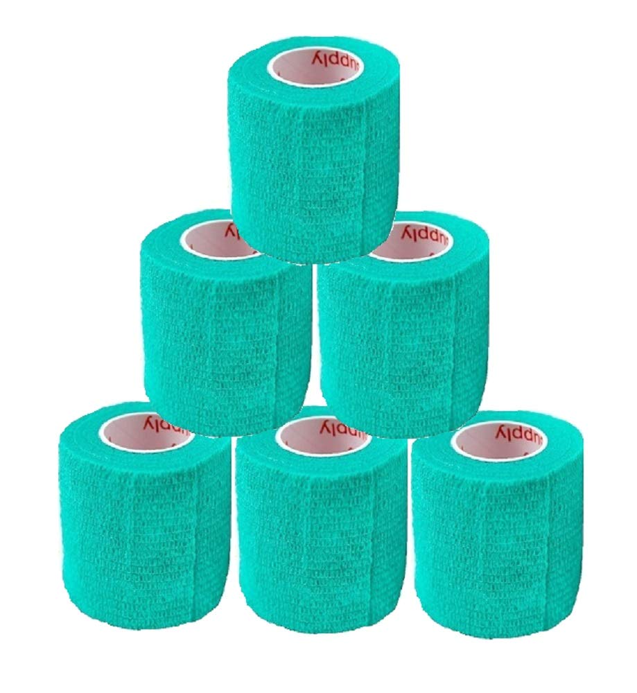 2 Inch Vet Wrap Tape Bulk (Teal) (Pack of 6) Self Adhesive Adherent Adhering Flex Bandage Grip Roll for Dog Cat Pet Horse