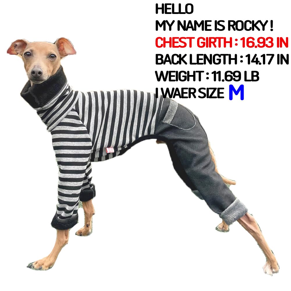 D Doggy Star Italian Greyhound Clothes Stripe Fleece Stretchable Denim Onesie Whippet For Dog Turtleneck Outfits Coat (Xl,Denim