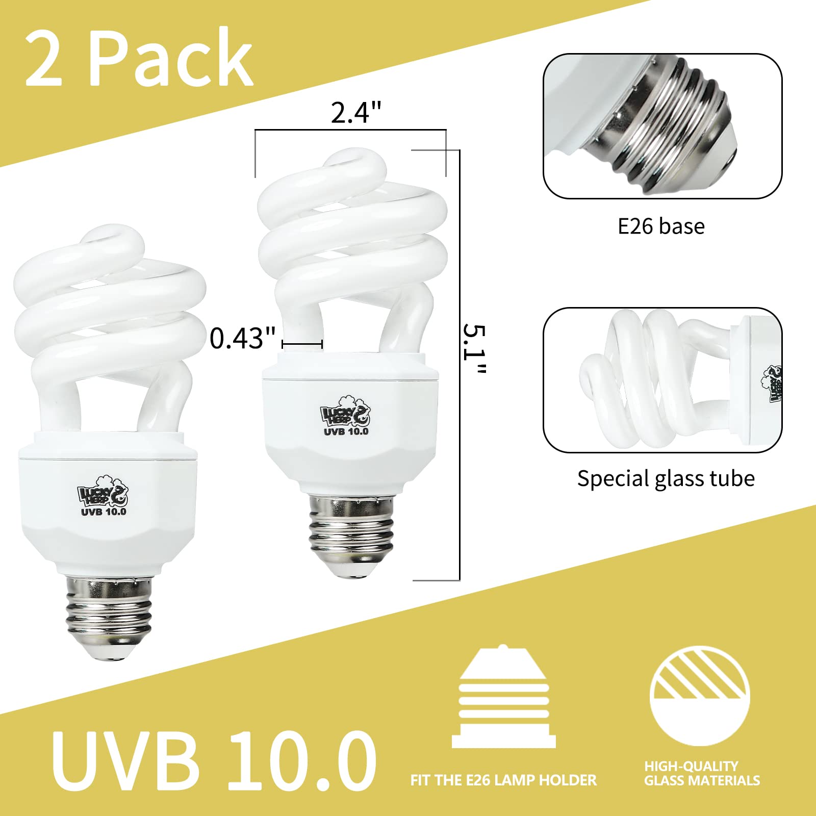 LUCKY HERP 2 Pack UVA UVB Reptile Light, 15W 10.0 UVB Bulb for Desert Reptiles, Compact Fluorescent Terrarium Lamp, Reptile UVB