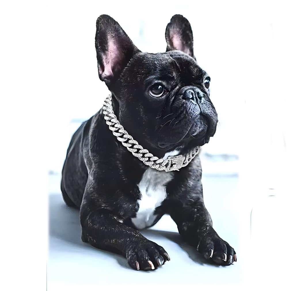 Silver Cuban Link Chain For Dogs, Diamond Dog Collar, Dog Chain Necklace Metal Bling Choke Collar 13Mm Wide Pet Jewelry For Pupp