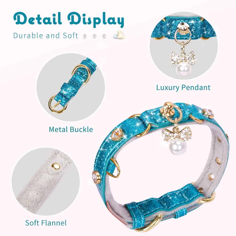 Petshome Cat Collar, Dog Collar, [Bling Rhinestones] Pu Leather Adjustable Pet Collar With Luxury Pendant For Big Cat And Small To Medium Dog Small Blue