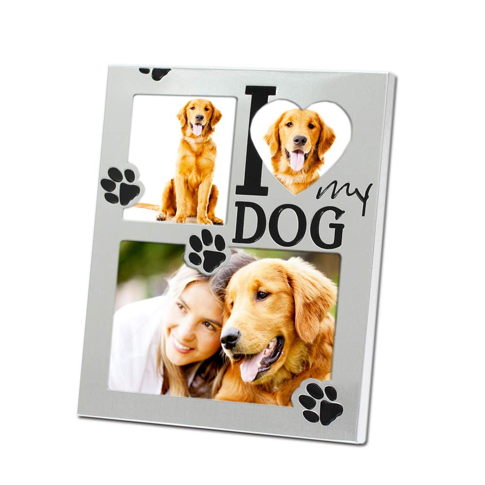 Mimosa Moments Metal Pet Picture Frame Saying I Love My Dog With Paw Print & Three Openings (Silver-Tone With Black Antique Fini