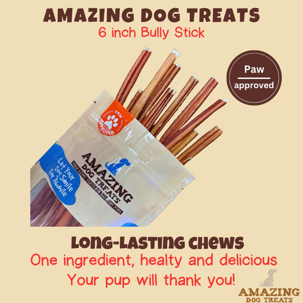 Amazing Dog Treats - Bully Sticks for Small Dogs (6 Inch Junior - 25 Count) - Premium Thin Bully Sticks for Dogs - Best Bully St