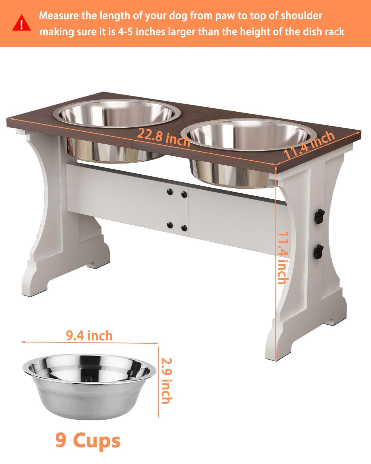 Piskyet Elevated Dog Bowls,Farmhouse Dog Bowls Stand, Raised Dog Bowl with 2 Stainless Steel Wooden Dog Bowls 9 Cups 13.8''H_80