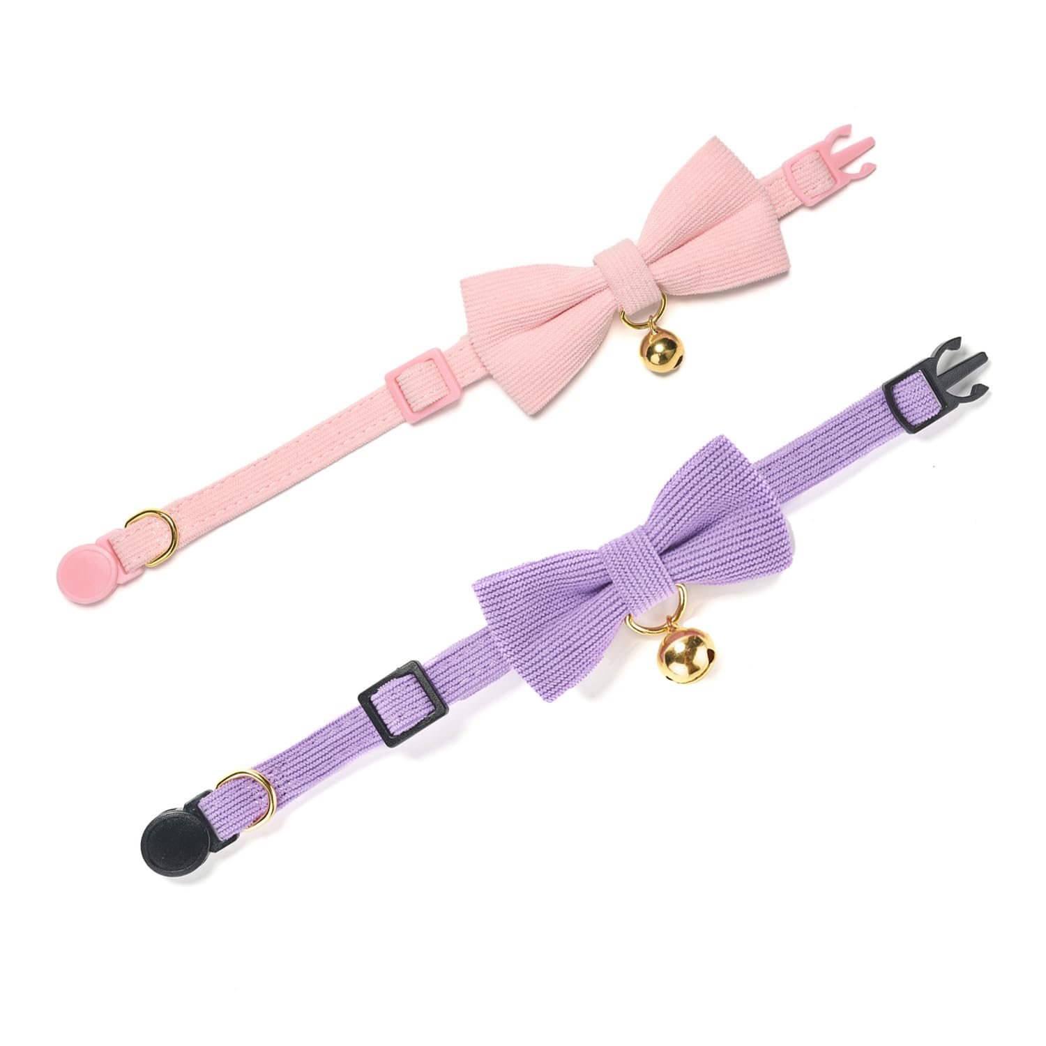 Ewinoom 2 Pack Soft Corduroy Cat Collars With Bow Tie & Bell, Adjustable Breakaway Cotton Kitty Bowtie Collar For Girl Female Ki