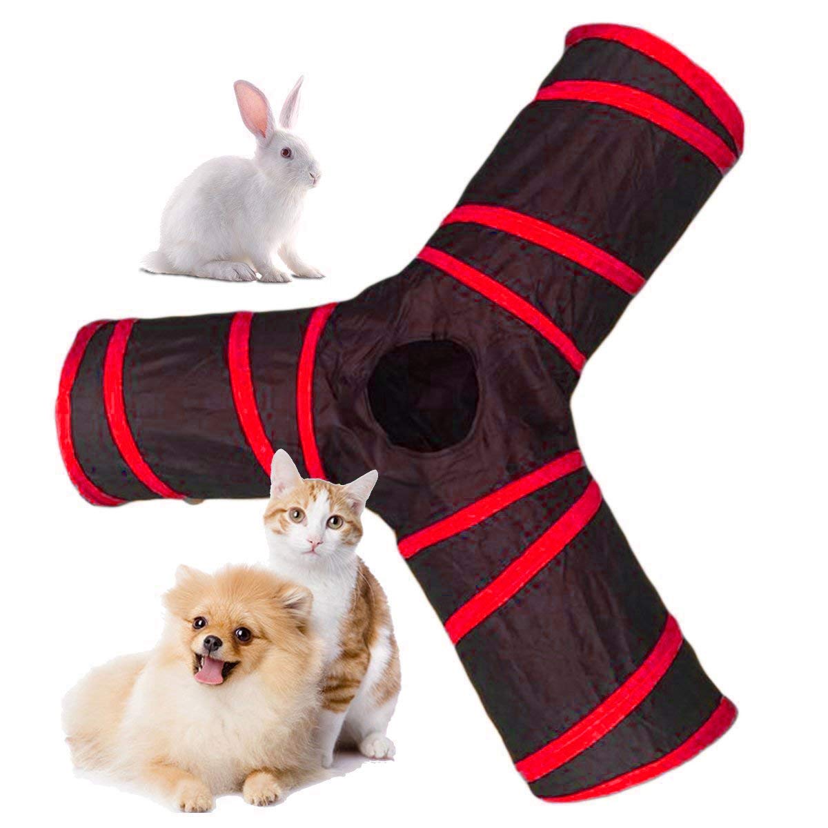 Western Era Cat Tunnel Toy 3 Way Collapsible For Indoor & Outdoor Play With Hanging Toy Ball For Cat, Rabbit, Guinea Pig (Red)