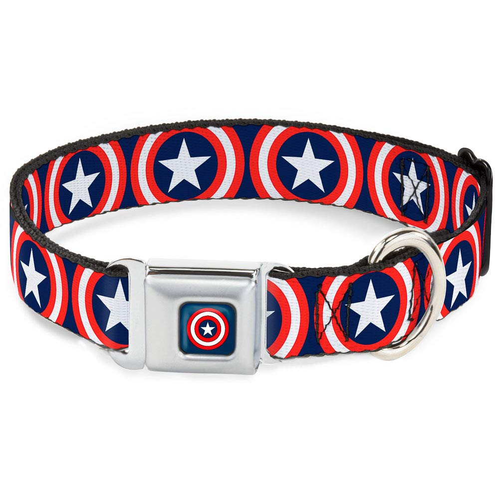 Buckle-Down Seatbelt Buckle Dog Collar - Captain America Shield Repeat Navy - 1.5' Wide - Fits 18-32' Neck - Large