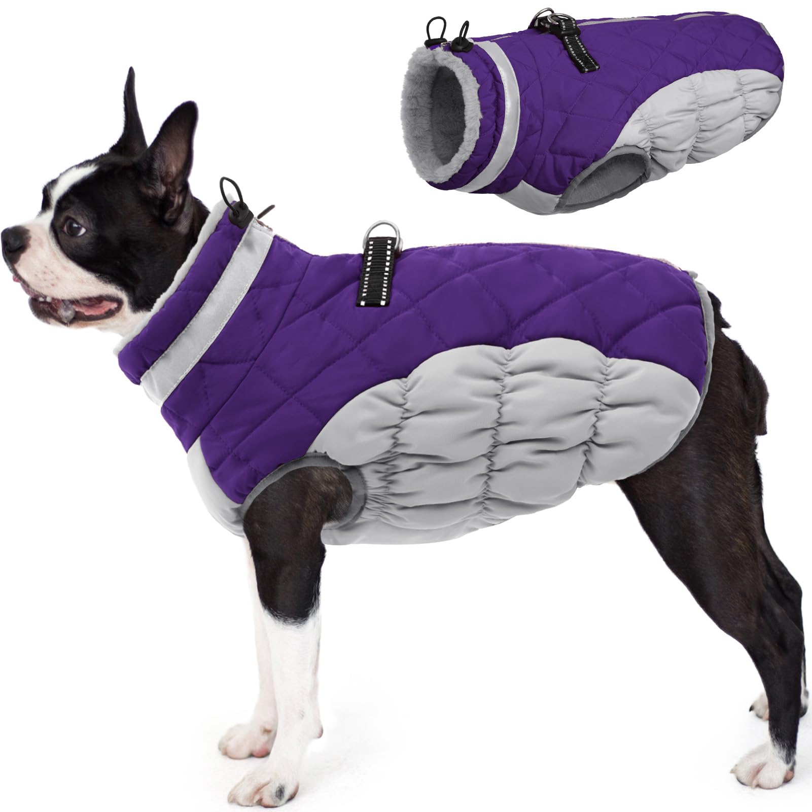 Aofitee Winter Dog Coat Warm Fleece Dog Jacket For Cold Weather, Reflective Zip Up Puppy Dog Sport Vest With Leash Rings, Outdoor Pet Sweater Apparel Clothes For Small Medium Large Dogs, Purple M