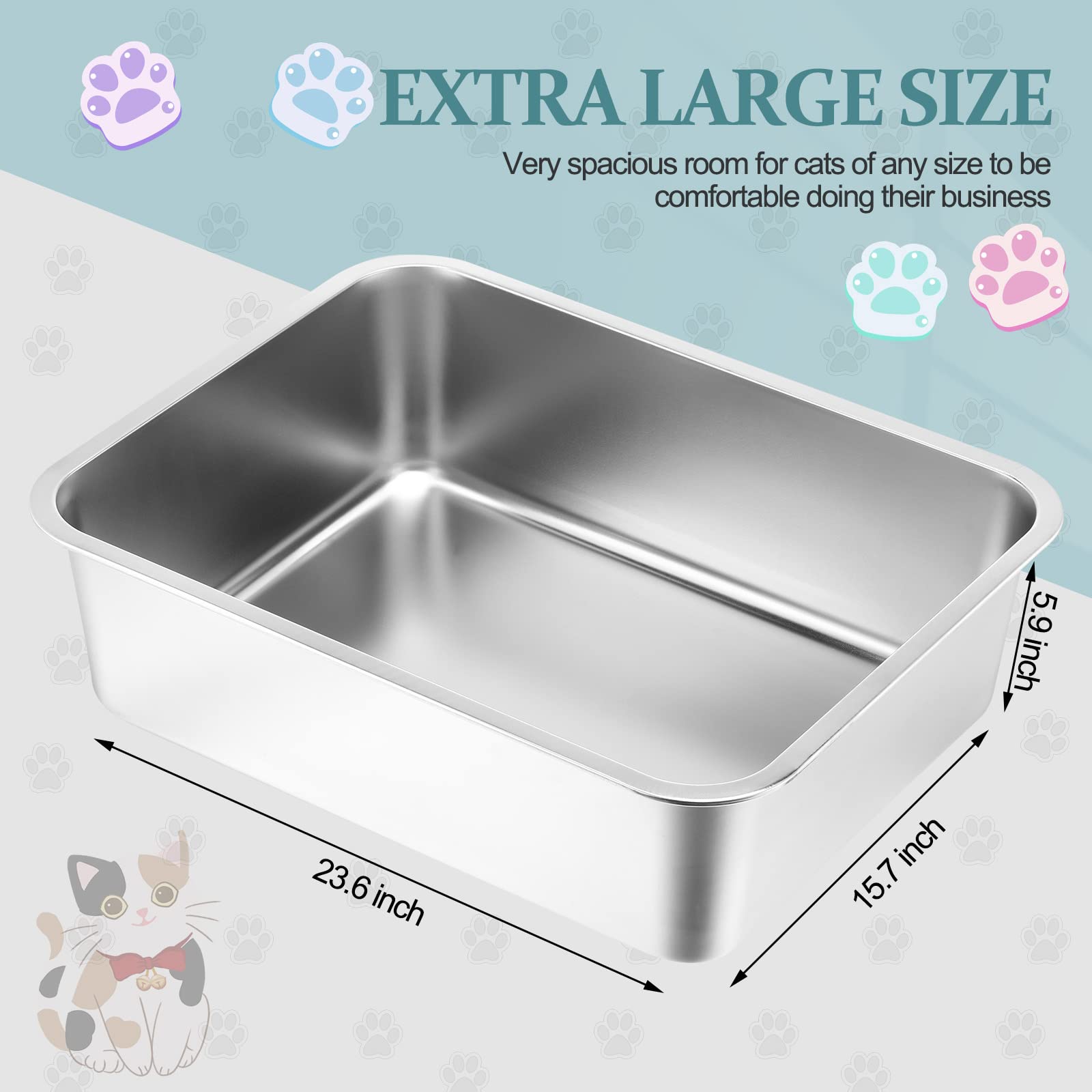 Gerrii 3 Packs Extra Large Stainless Steel Litter Box for Cat with High Sides, Non Stick Smooth Surface, Easy to Clean for Cat B