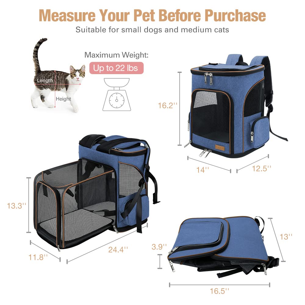 Lekereise Large Cat Backpack Carrier Fit Up to 20 25 Lbs, Expandable Pet Carrier Backpack Foldable Dog Backpack Carrier, Blue
