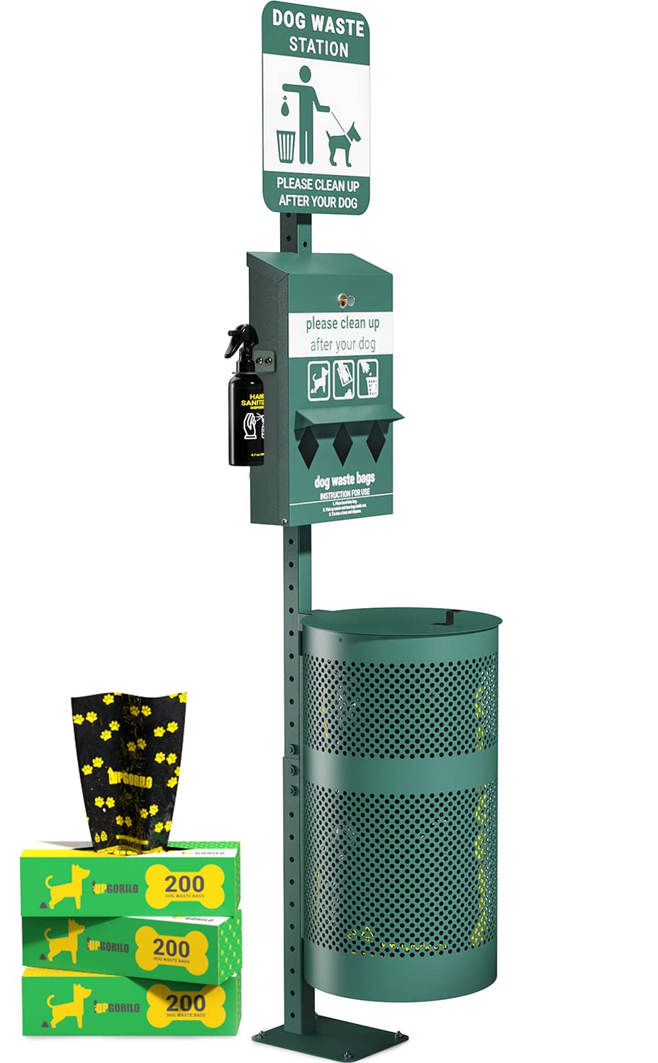 Pet Waste Station - Includes 600 Roll Bags & 50 Can Liners - Original Glow In The Dark Dog Waste Station With Dog Poop Sign, Bag Dispenser, Hand Sanitizer Bottle & Outdoor Trash Can With Lid