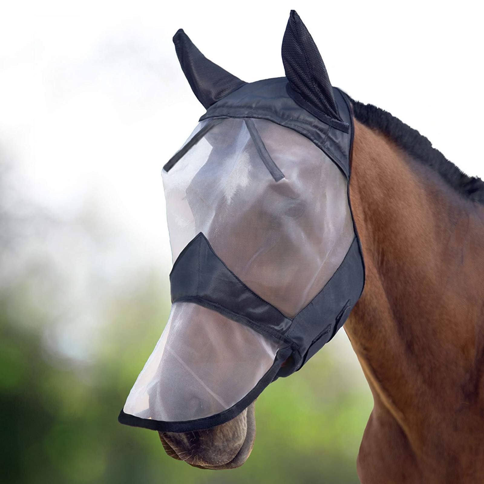 Harrison Howard CareMaster Horse Fly Mask Long Nose with Ears Full Face Black/Silver Retro Medium Cob