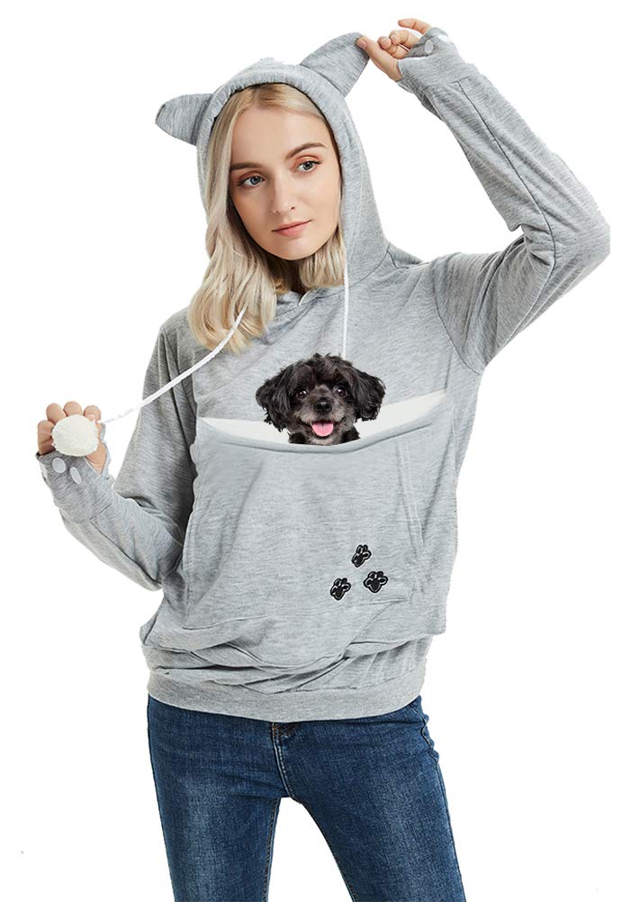 Felyong Unisex Pet Carrier Hoodie Cat Dog Pouch Holder Sweatshirt Shirt Top L Light Grey