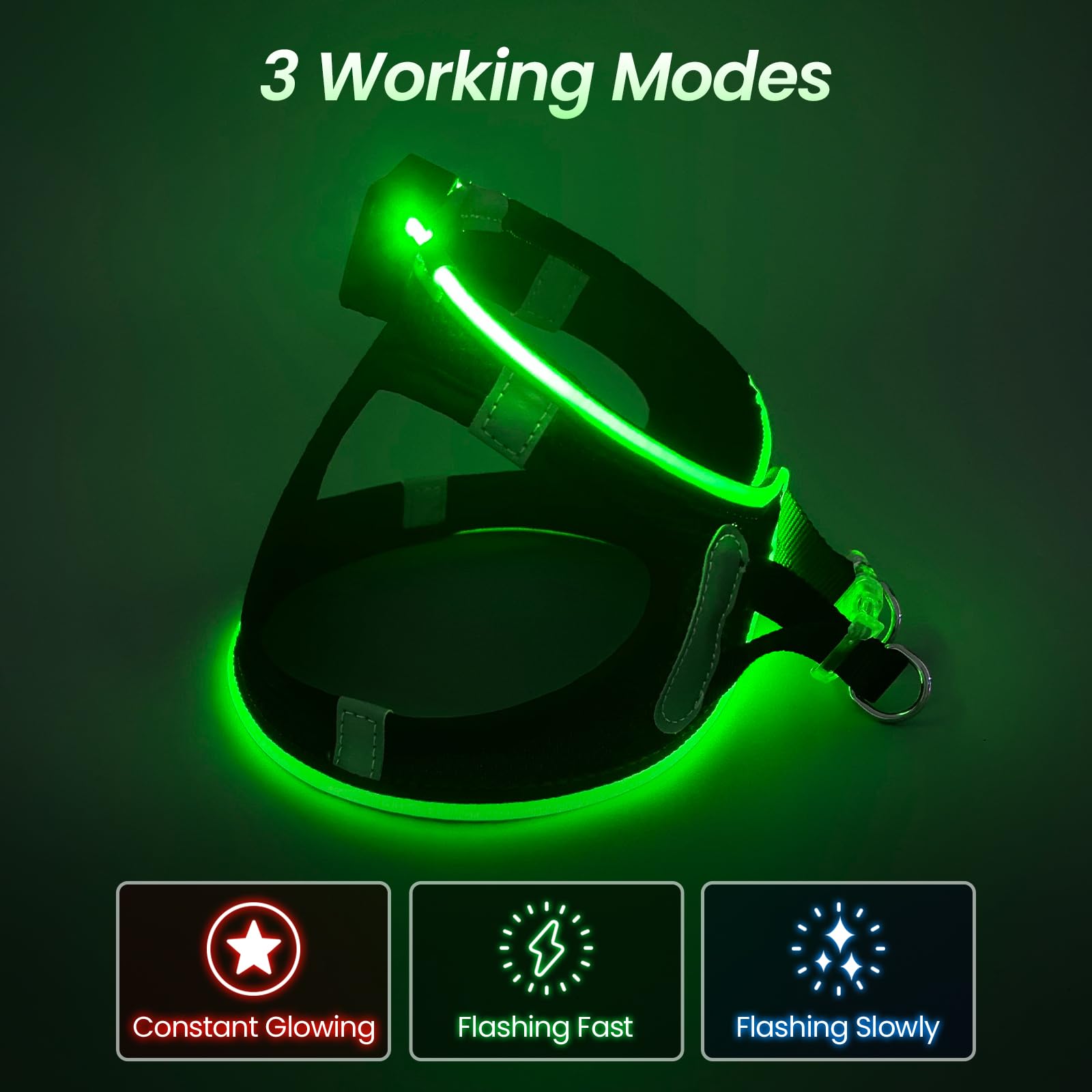 Pceotllar Led Dog Harness For Puppy - Small/Medium, Rechargeable No-Pull, Reflective Flashing For Night Walking (Green)