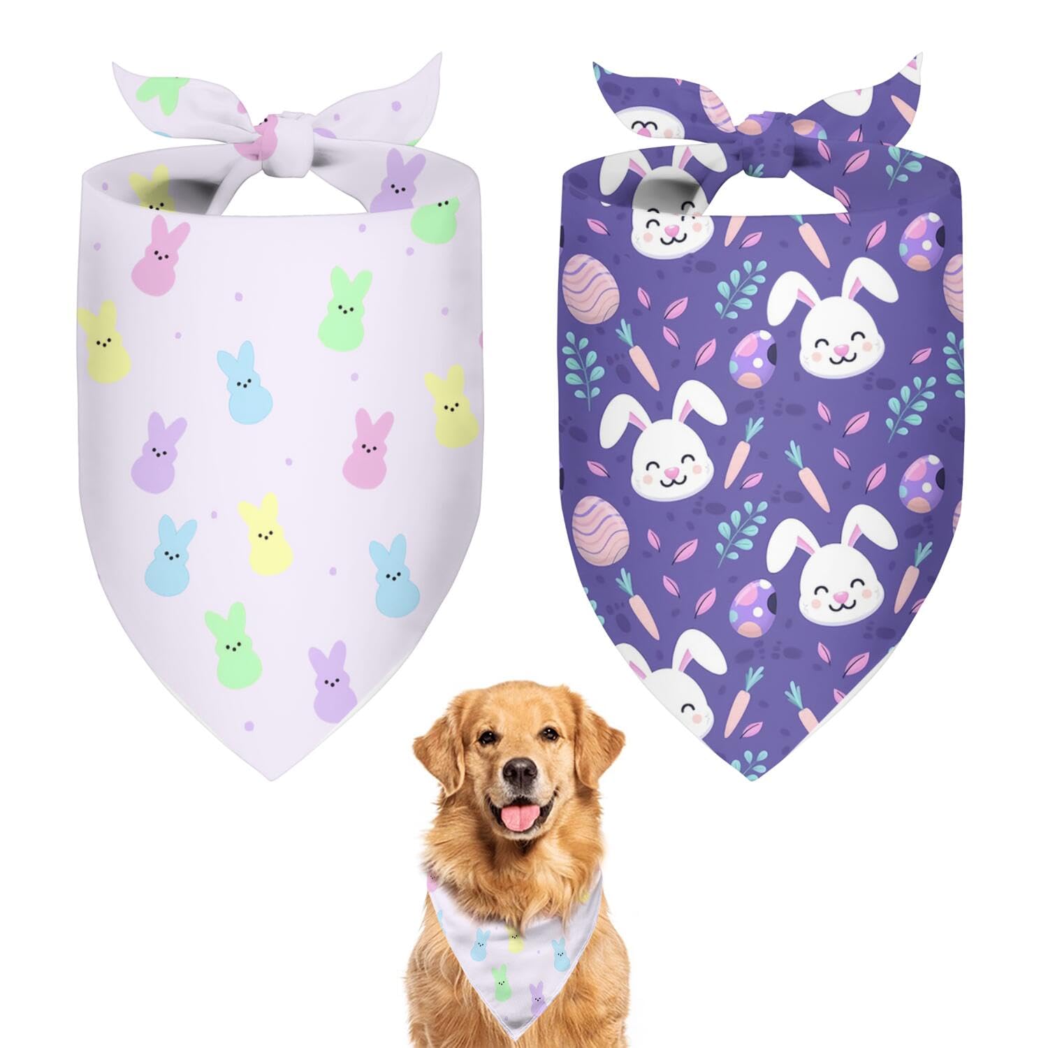 Cute Easter Dog Bandanas 2 Pack, Purple Bunny Dog Scarf, Rabbit Handkerchief Scarves Gifts For Puppy Large Dogs