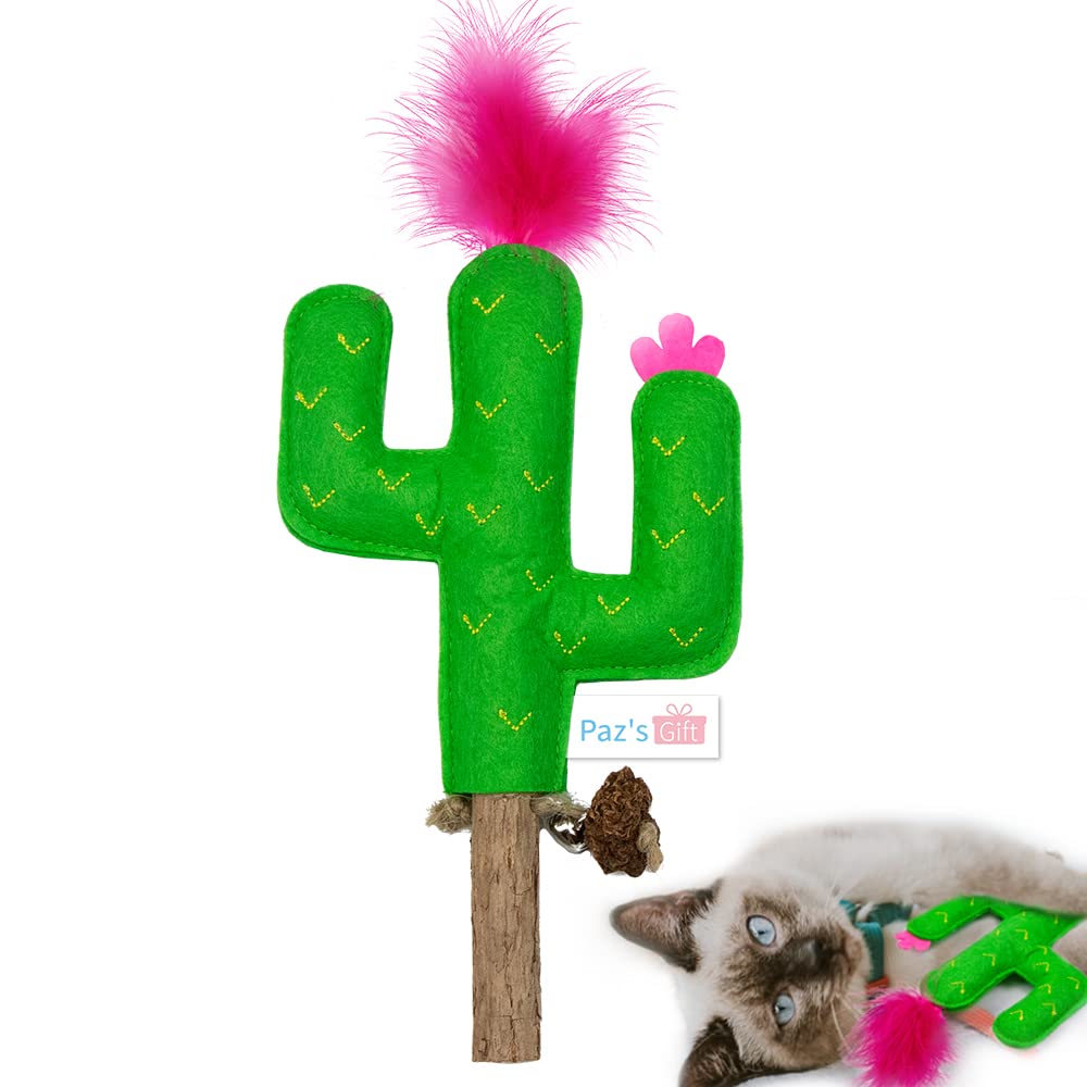 Paz'S Gift Cat Chew Toy Catnip Organic Cat Bite Toy Indoor Interactive Cat Kick Stick For Cats Silvervine With Feather Cat Stick Cute Plush Cactus