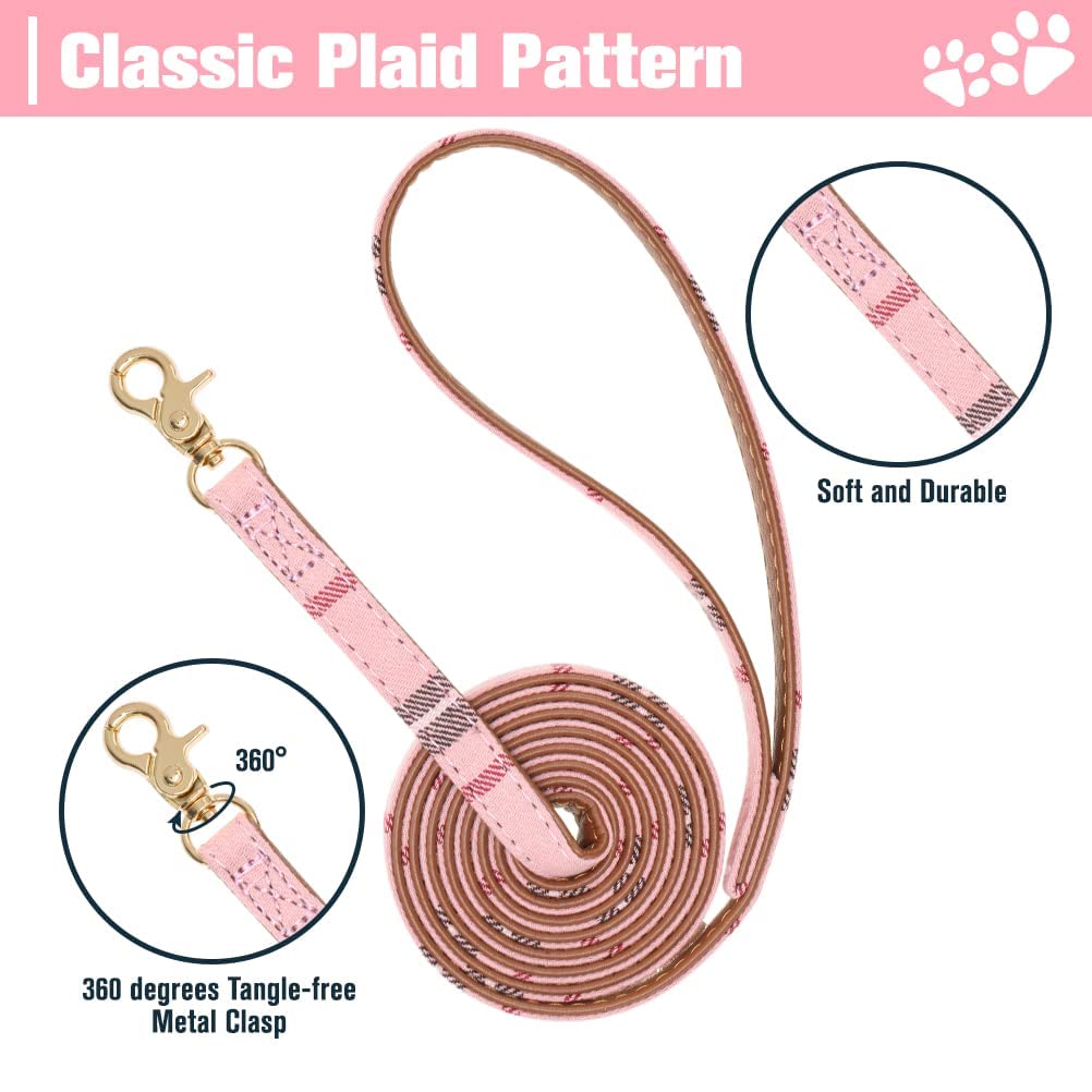 Expawlorer Puppy Collar And Leash Set - Plaid Dog Collar And Leash With Bow Tie And Bandana, Bell, Xs Pink