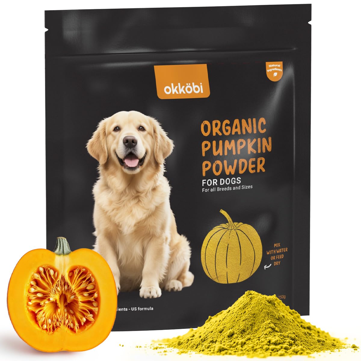 OKKBI Organic Pumpkin for Dogs & Cats (8.82 oz) - Pumpkin Powder Including Seed & Apple - Supports Stool & Gut Health - Use on F
