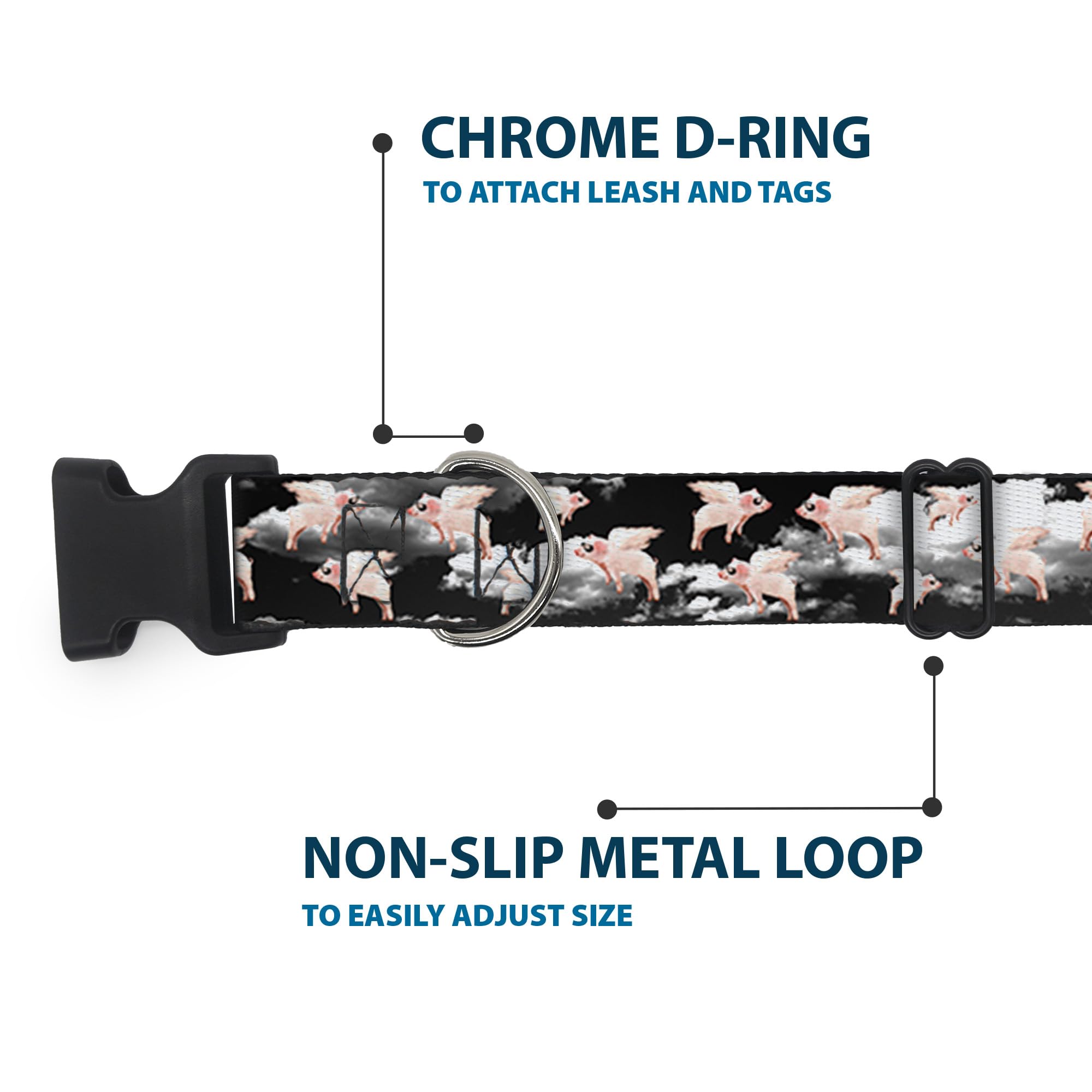 Buckle-Down Pc-W30658-L Flying Pigs Black/White/Pink Plastic Clip Collar, Large/15-26''