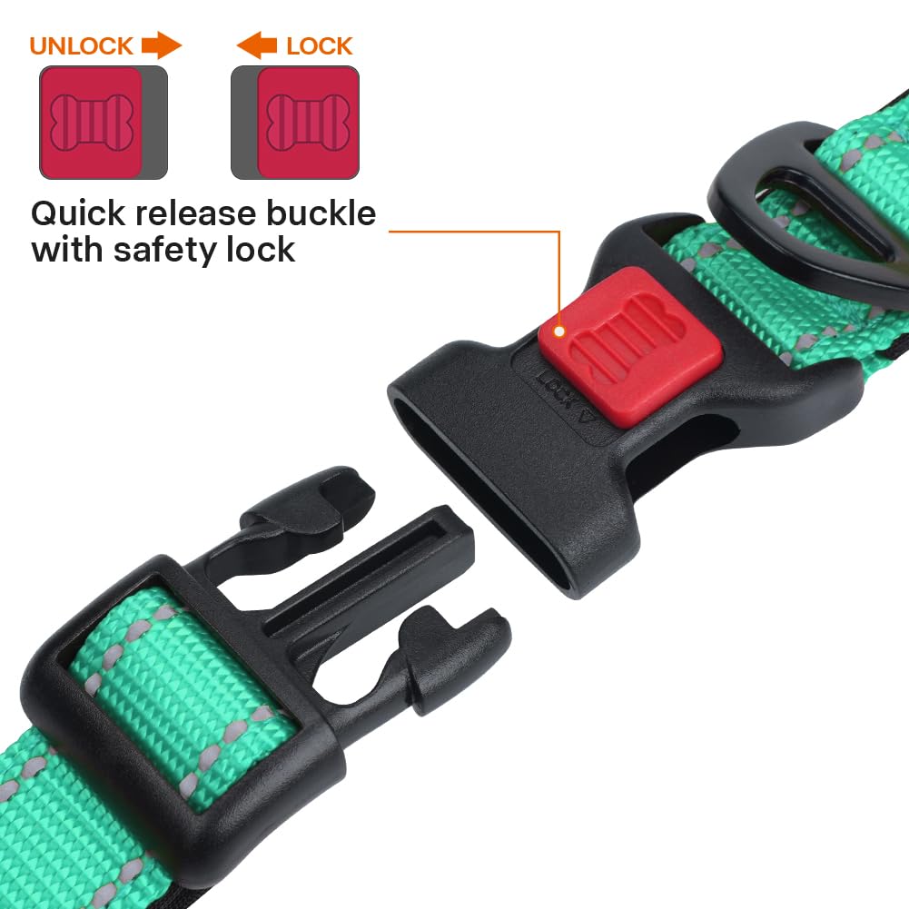 Taglory Reflective Dog Collar With Safety Locking Buckle, Adjustable Nylon Pet Collars For Large Dogs Female Male, Turquoise, L