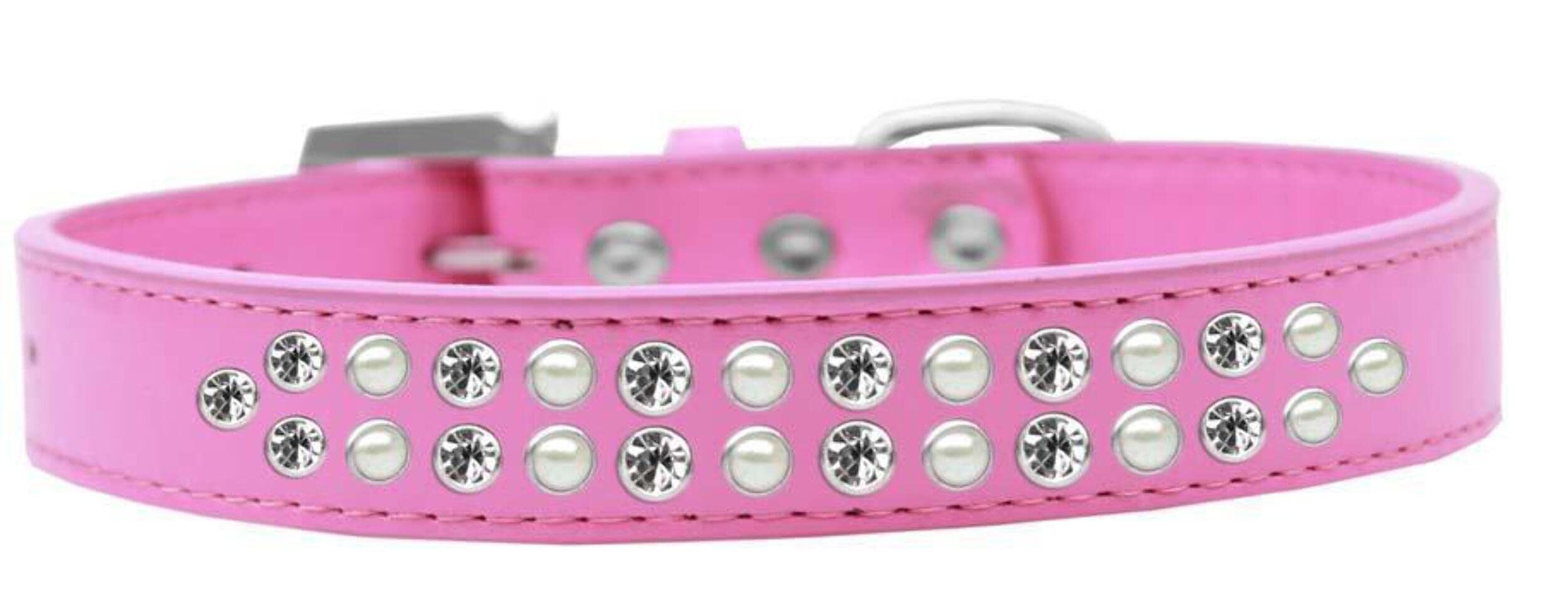 Mirage Pet Products Two Row Pearl and Clear Crystal White Dog Collar, Size 14
