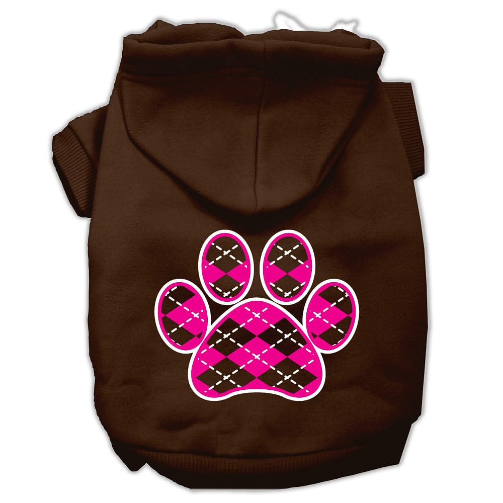 Pet Dog & Cat Hoodie Screen Printed, 'Pink Argyle Paw' Brown Xs (0-3 Lbs.)