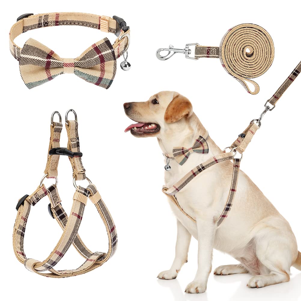 Dog Harness With Leash And Bow Tie Collar Set - Beige Plaid Puppy Harness, Escape Proof Adjustable No Pull Dog Vest For Outdoor Walking, Fit For Small Medium Large Dogs