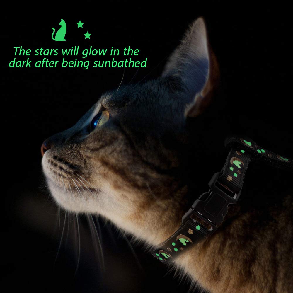 Cat Harness And Leash Set Gold Moons Stars Soft Nylon Escape Proof Adjustable For Kittens Small Animals Glow In The Dark (Black)