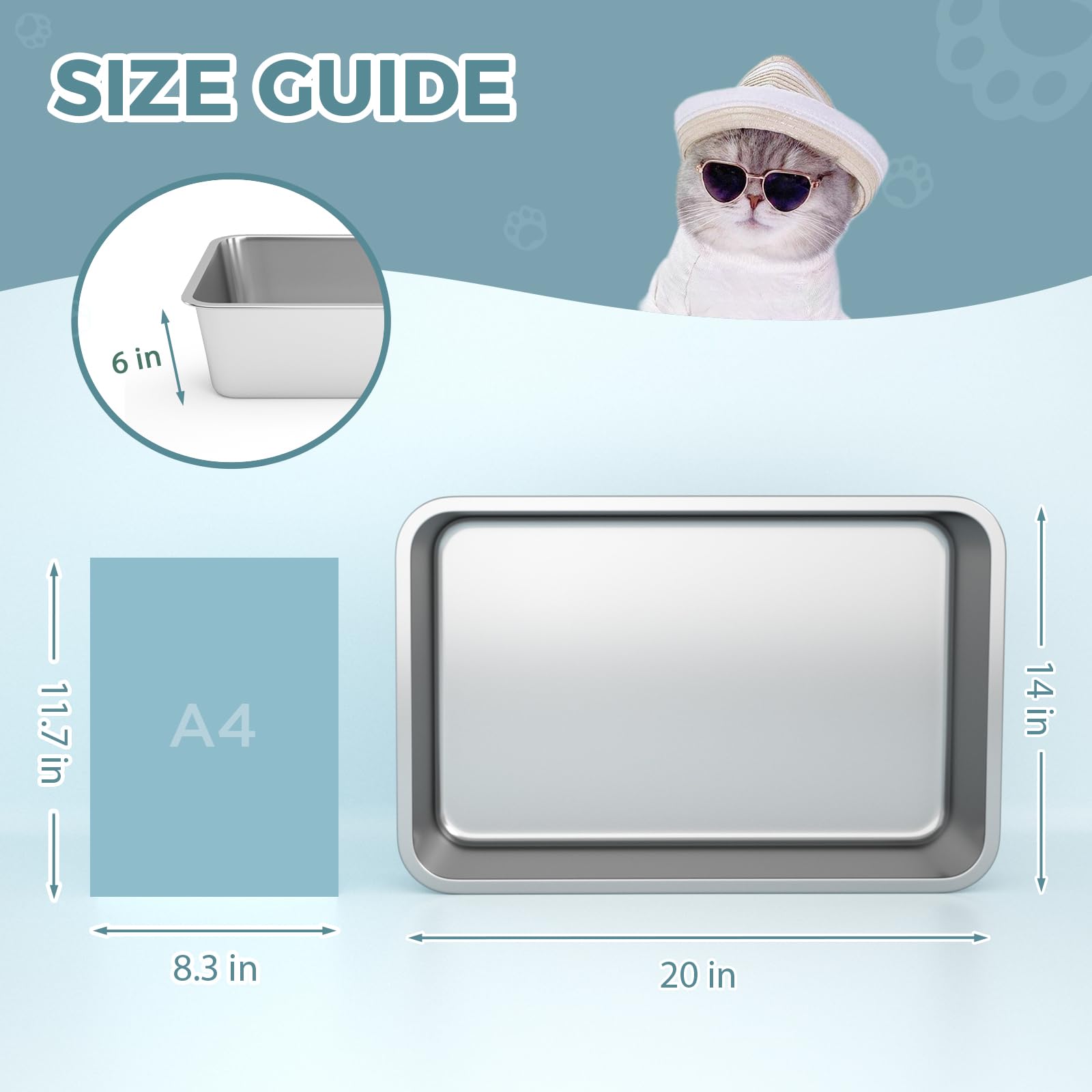 Wenbokmin Stainless Steel Cat Litter Box, 6In Cat Litter Pan For Cats And Rabbits, Metal Litter Box High Sides Nonstick Odor Con