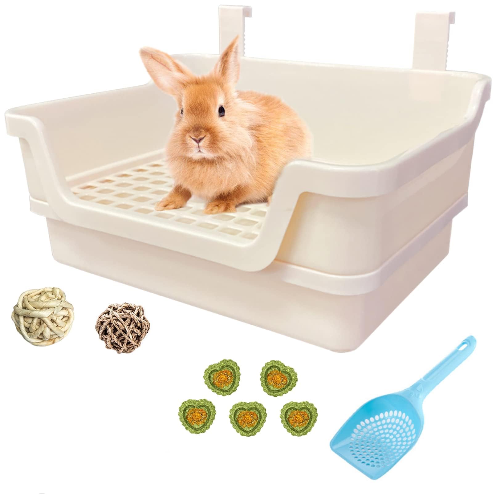 Extra Large Rabbit Litter Box With Splash Guard & Removable Tray - Double Layer Small Animal Cage Toilet For Guinea Pigs, Chinchillas, Ferrets - Chew-Proof Plastic + 2 Hooks (15.7' Jumbo, Beige)