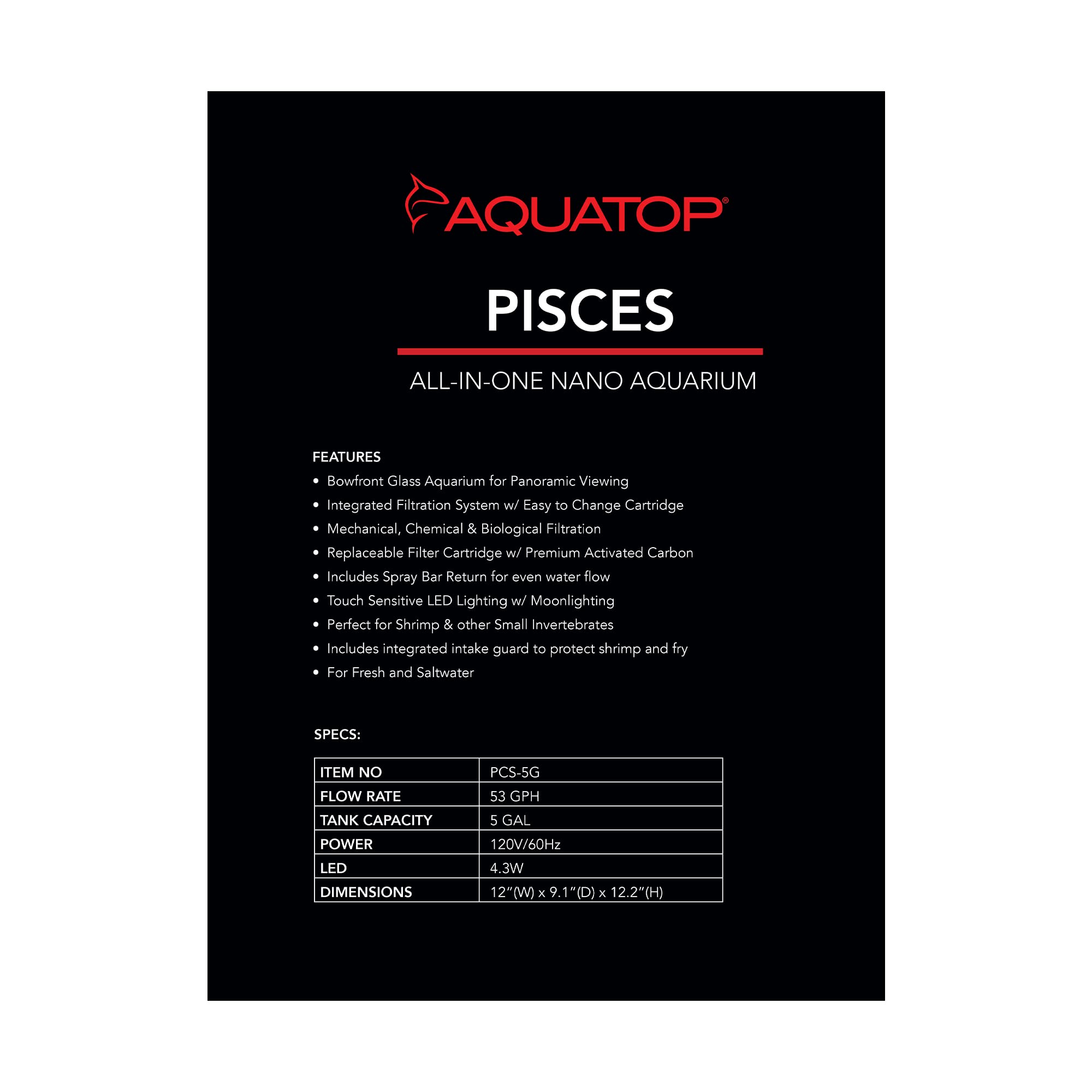 Aquatop Pisces Curved Bowfront Aquarium, 5 Gallons, 53Gph – Nano Semi-Circle Glass Aquarium Kit, For Salt & Freshwater Fish Tanks, Touch Sensitive Led Light, All In One Tank With Filter