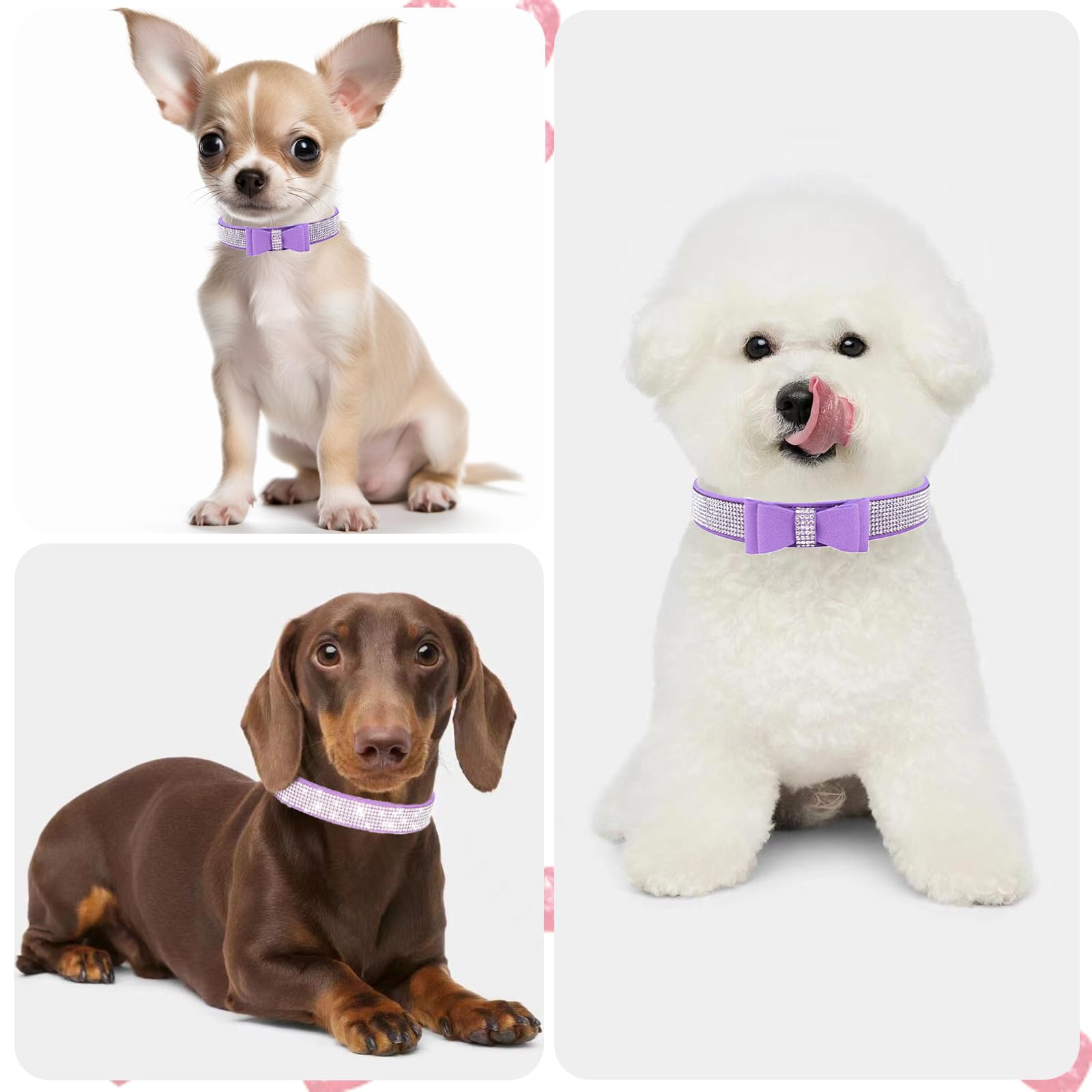 Purple Diamond Dog Collar Xxs, 2-Pack Bling Kitten Collar Soft Suede Glitter Rhinestone Jewelry Crystal Girl Puppy Collar With B