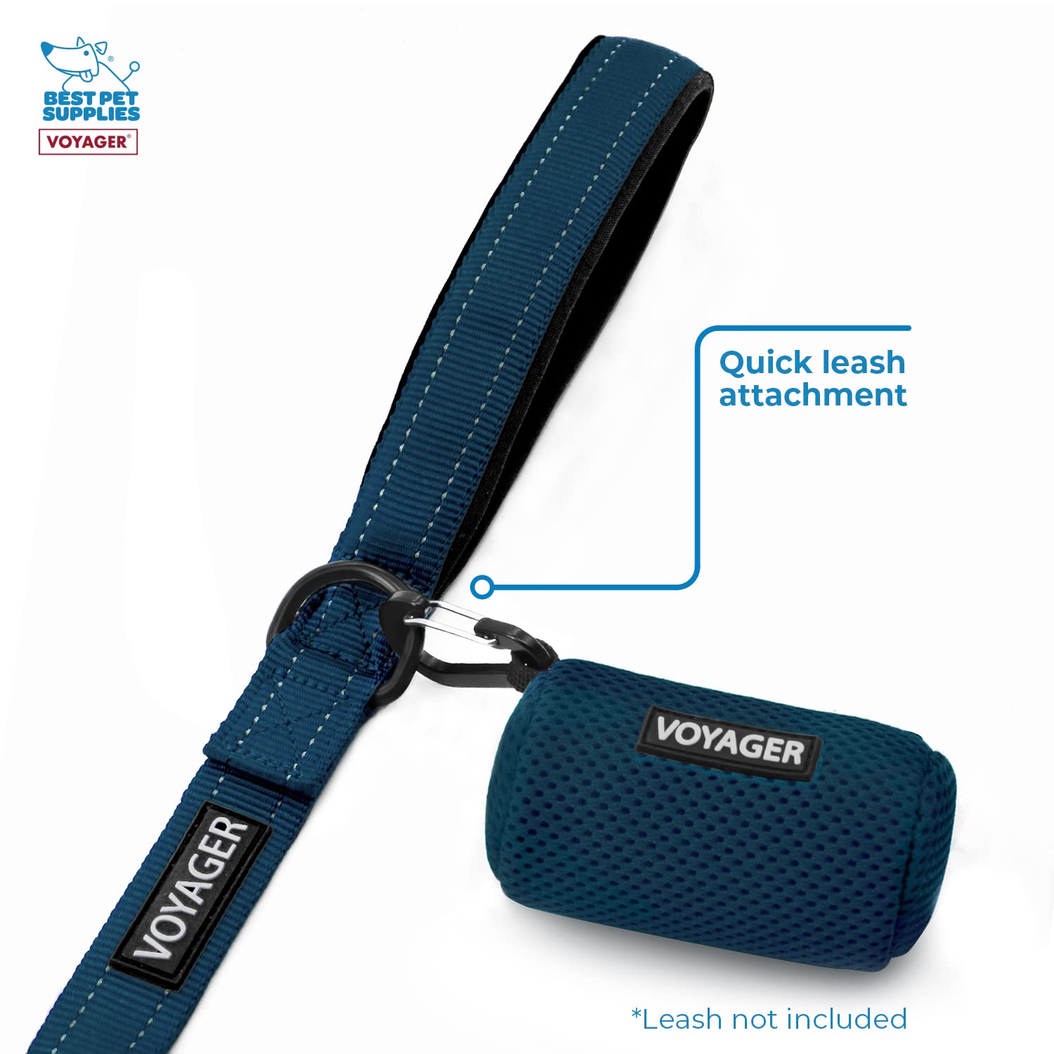Best Pet Supplies Dog Poop Bag Holder Leash Attachment With 15 Bags, Blue, Reusable Mesh Dispenser Pouch For Travel, Walking, Pa