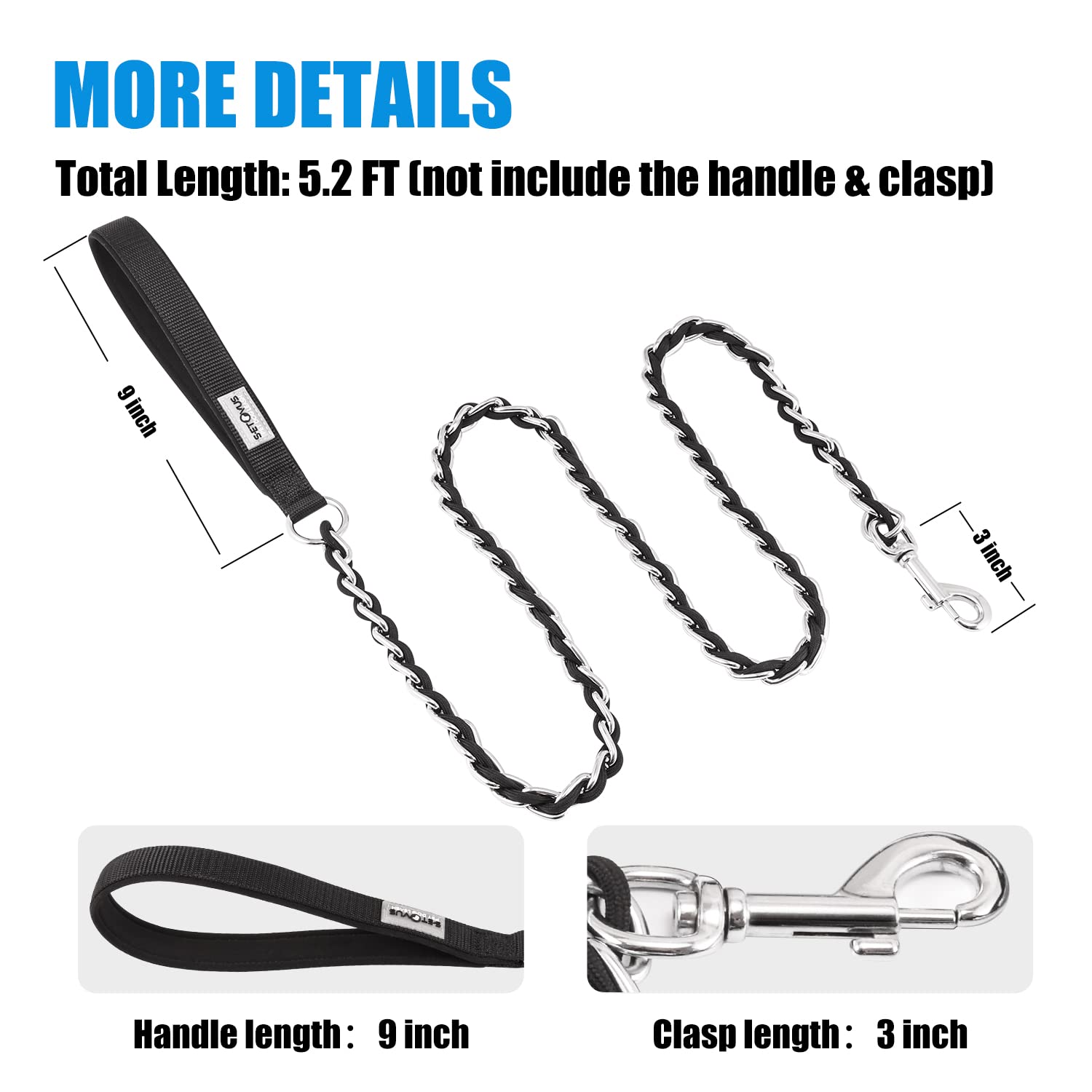 Chew Proof Metal Leash Chain Dog Leash For Medium Large Dogs, Chain Link Dog Leash Anti Chew 4Ft Strong Anti Bite Dog Leash Comfortable Soft Padded Handle Black