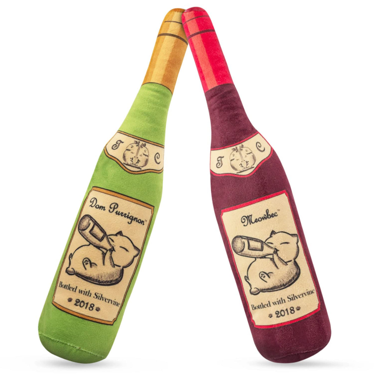 Twincritters Kittilush 2-Pack Organic Silvervine Catnip Substitute Toys For Cats & Kittens | 100% All-Natural Wild Harvested Silvervine | 2 Refillable Wine Bottle Plush Cat Toys