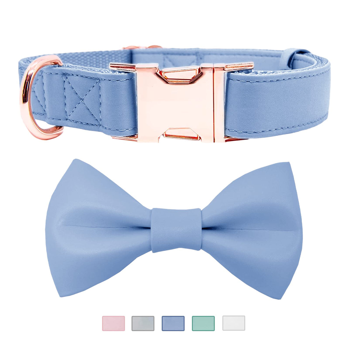 Soft Leather Bowtie Dog Collar - Adjustable Cute Bow Tie Collar [Easy To Clean] With Stylish Rose Gold Heavy Duty Metal Buckle For Small Medium Large Dogs Blue L